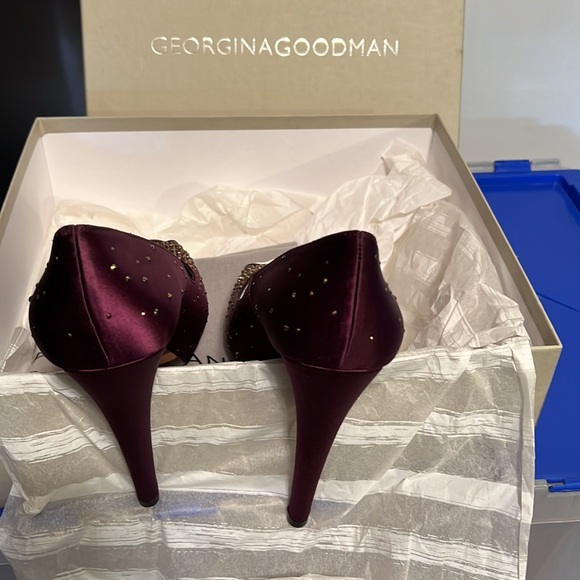 Georgina Goodman high heeled open toe satin plum sandal with gold rhinestones - Picture 2 of 8